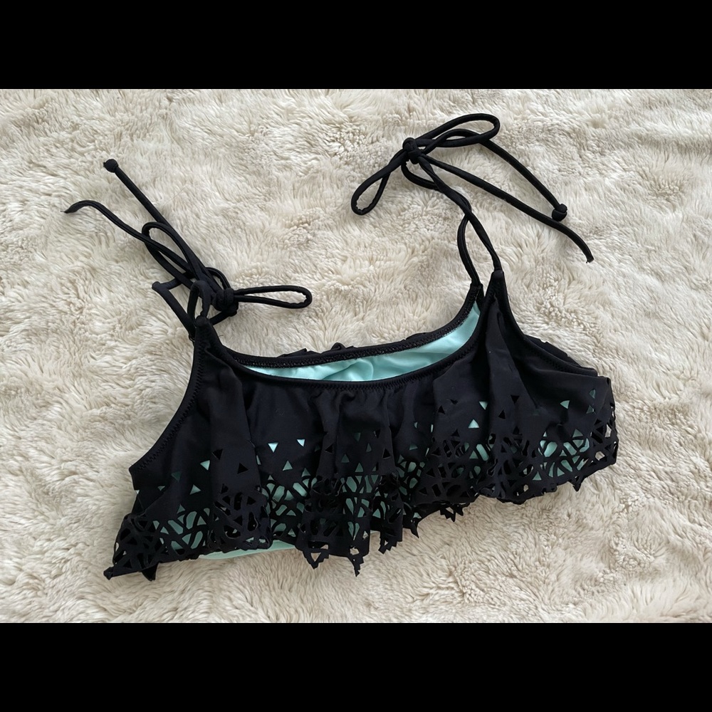 Teal and black laser cut bikini top only